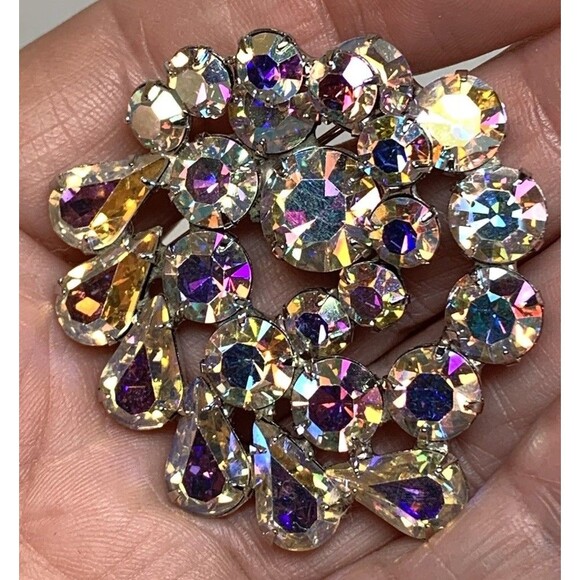 Weiss Jewelry - Vintage Weiss Brooch Aurora Borealis Costume Jewelry Pin Clear Rhinestone